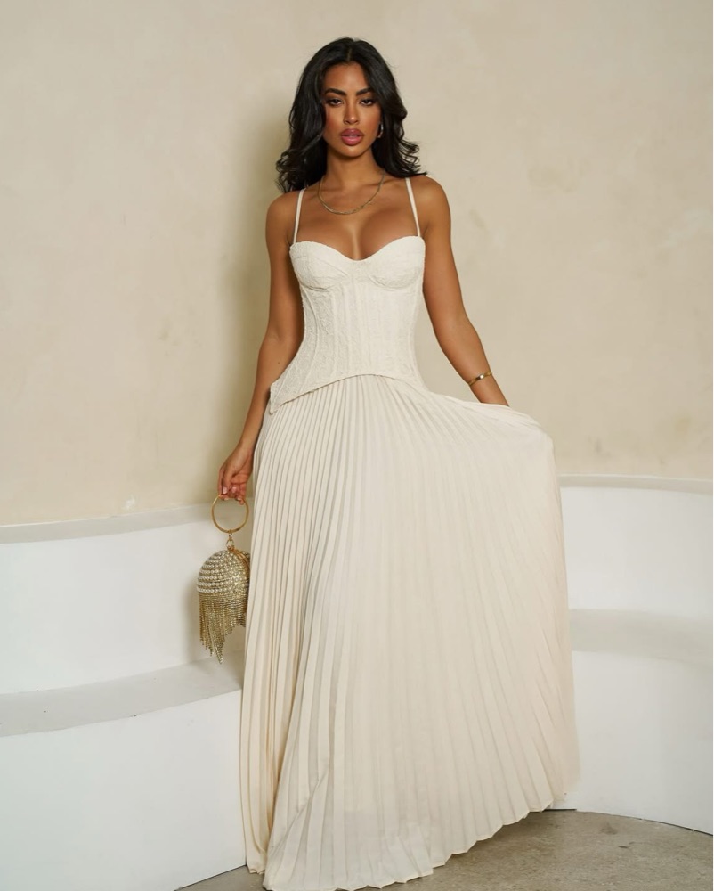 Lace Corset Pleated Maxi Dress by Fashion Nova - Pickle