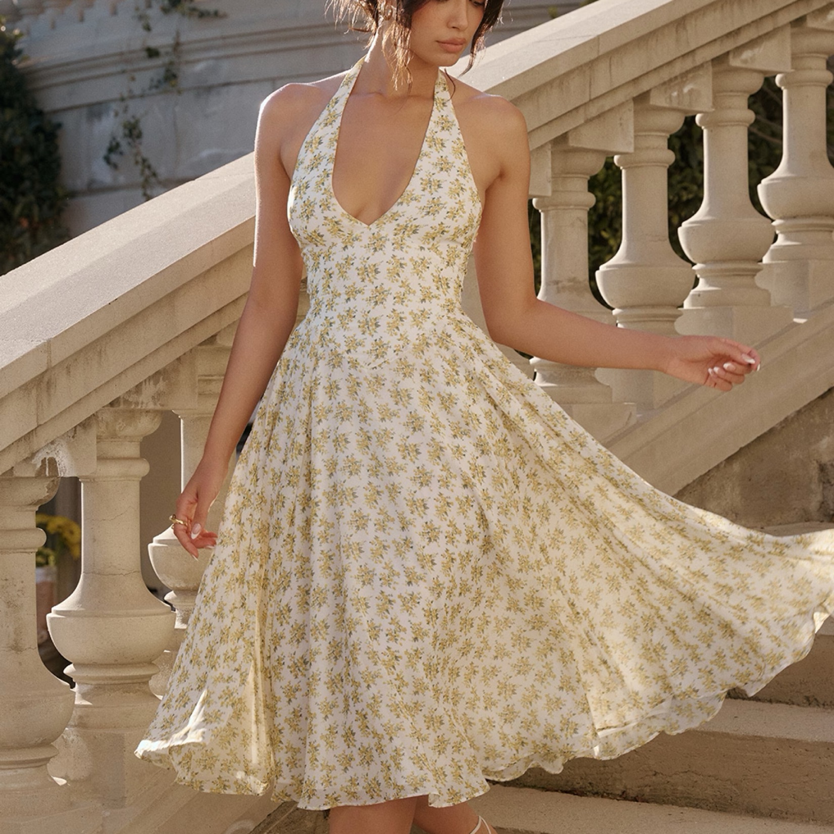 house of cb yellow midi dress House of CB Cream Halter Floral Midi Dress with Yellow Roses