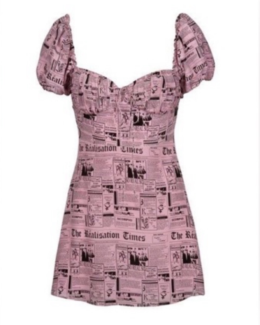 newspaper dress pink Newspaper Print Long Sleeve Maxi Dress Pink / Large