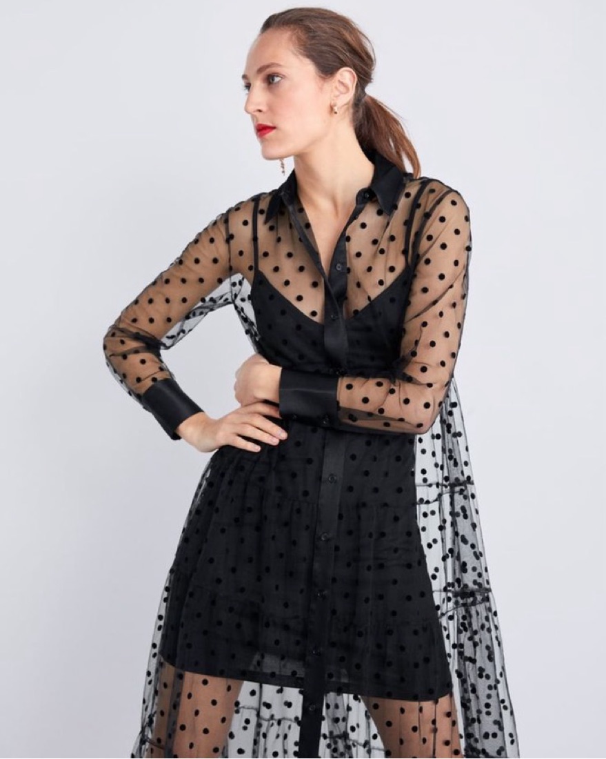 【もも】 DOT SHEER FLARE DRESS Sexy Sheer Polka Dot Maxi Dress – Glam Essentials