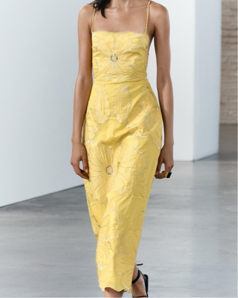 ZARA Embroidered Yellow Midi Dress by ZARA