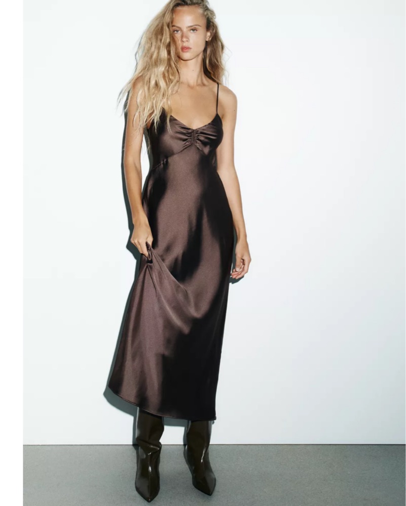 Zara Brown Satin Midi Dress by ZARA