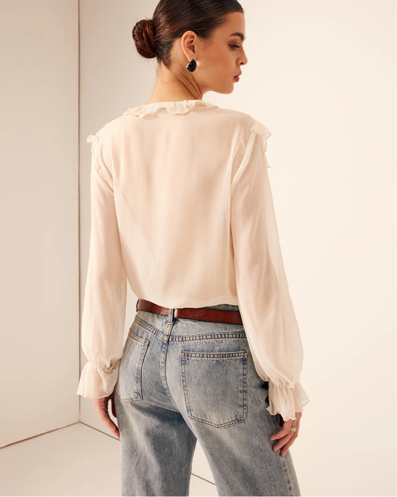 Semi-Sheer Ruffle Chiffon Blouse by Commense - Pickle