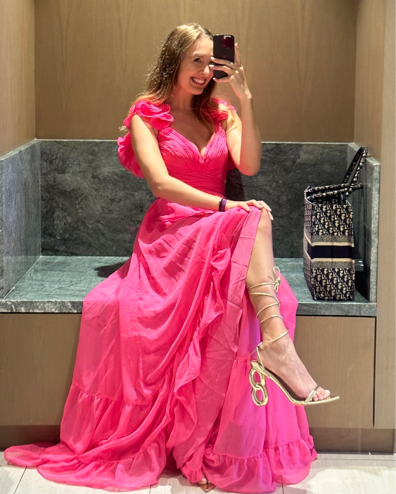 【MAC DUGGAL】ロングドレス ピンク ハイネック シフォン フリル MAC DUGGAL】ロングドレス ピンク ハイネック シフォン フリル