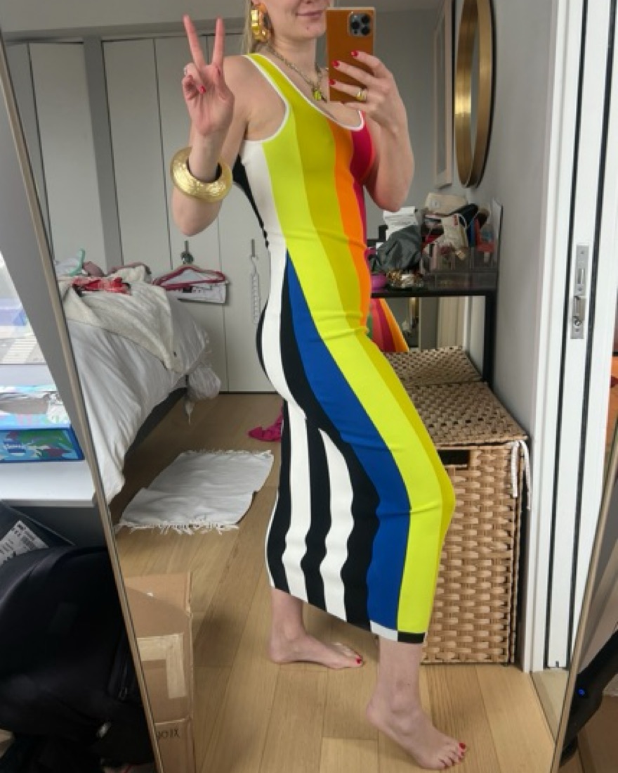 christopher john rogers rainbow striped ribbed midi dress CHRISTOPHER JOHN ROGERS Godet striped ribbed merino wool polo maxi dress
