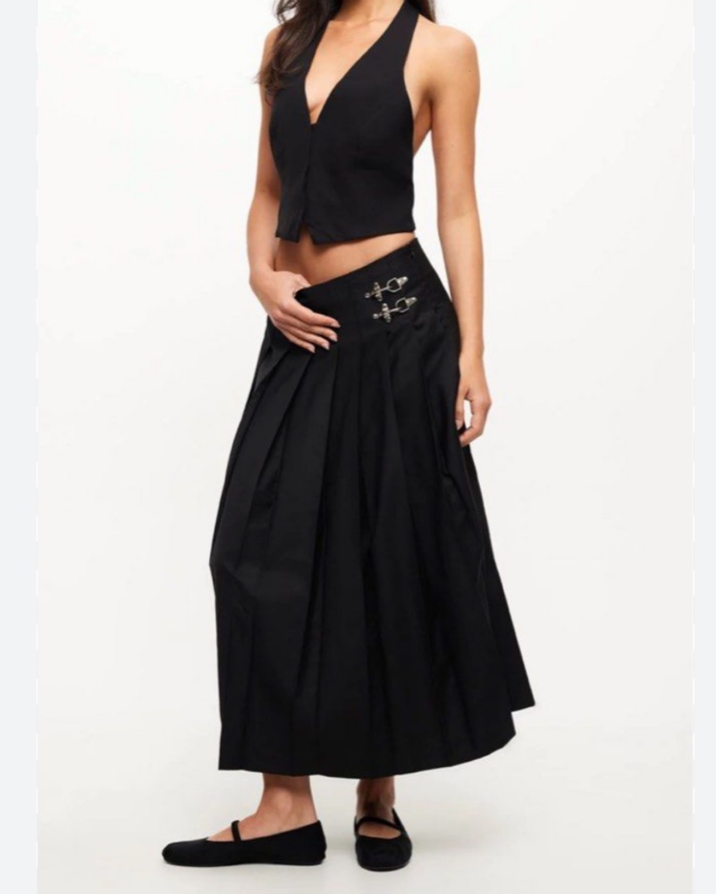 Black Buckle Pleated Midi Skirt | Pickle