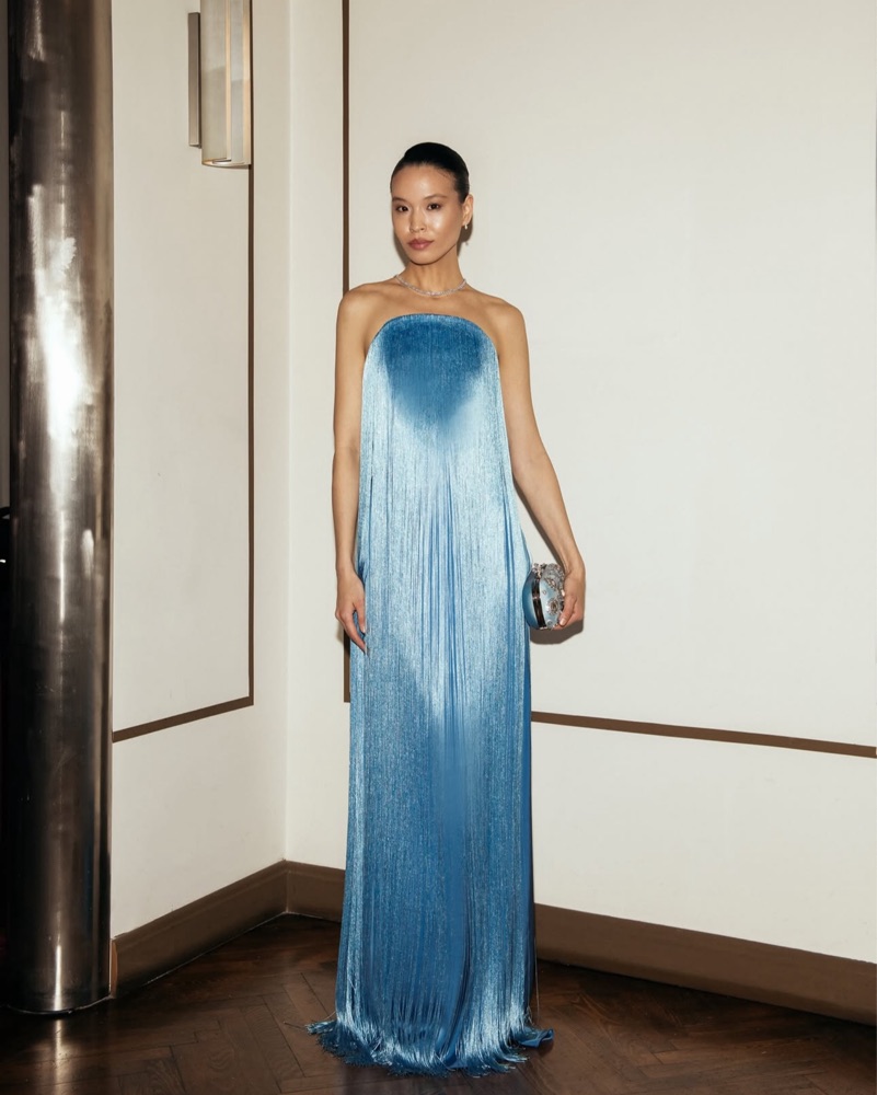 white beach cover up dresses Cayetana Sapphire Blue Fringe Maxi Dress with Cape Effect main image 1