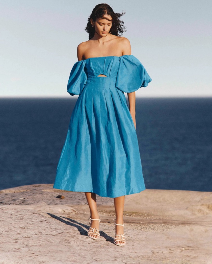 eugenie off shoulder midi dress Aje Eugenie Off Shoulder Midi Dress