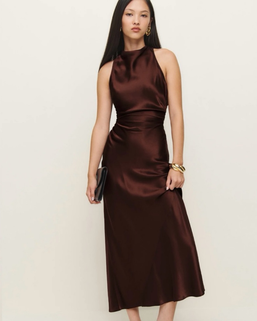 red dress with brown ankle boots Women's From Here On Dark Faux Suede Block Heel | Size: 6 Color:Prosecco Metallic Floral pointed toe Skirt Details_Slit Kenneth Cole Reaction Nio