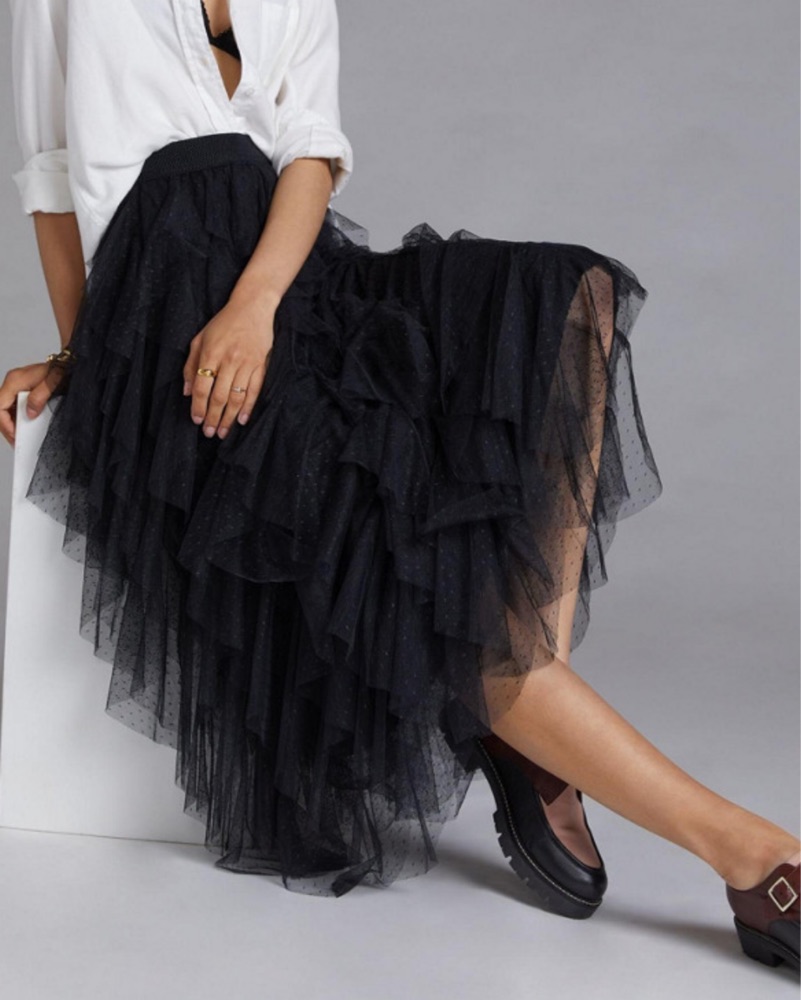 Black Ruffle Tulle Maxi Skirt by Anthropologie - Pickle