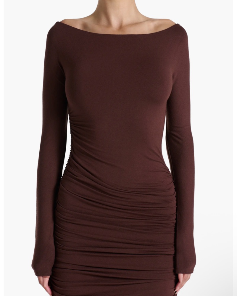 Brown Ruched Maxi Dress by Naked Wardrobe - Pickle