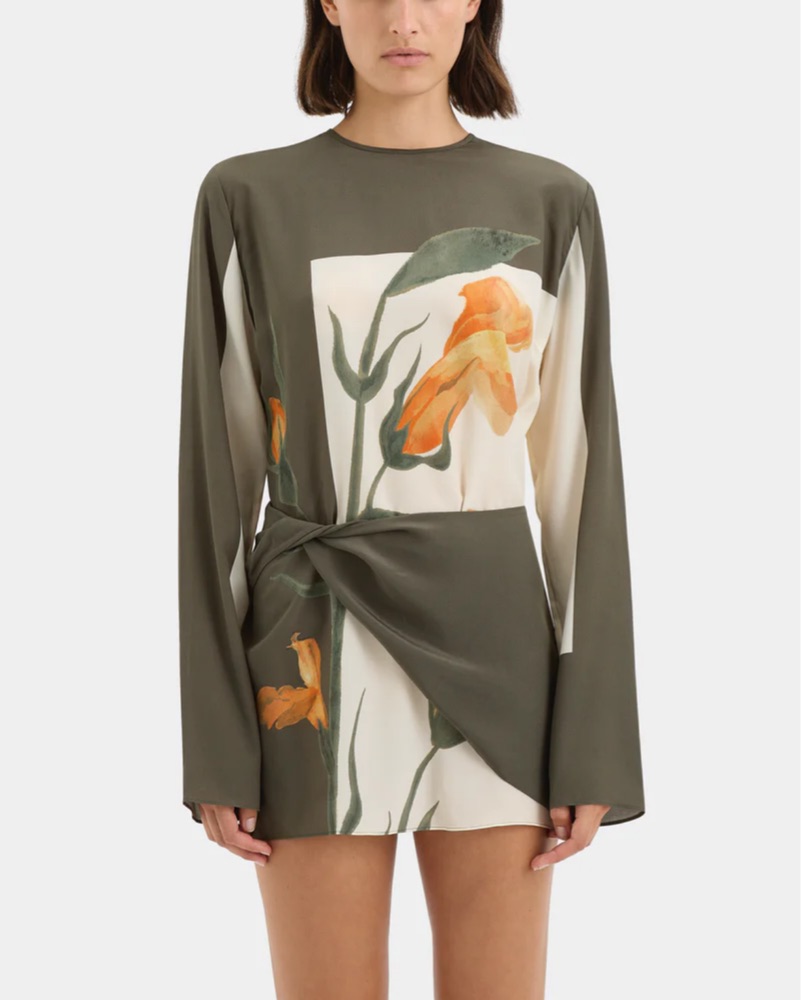 constance twist mini dress sir Constance Twist Mini Dress | Green & Orange Iris Floral