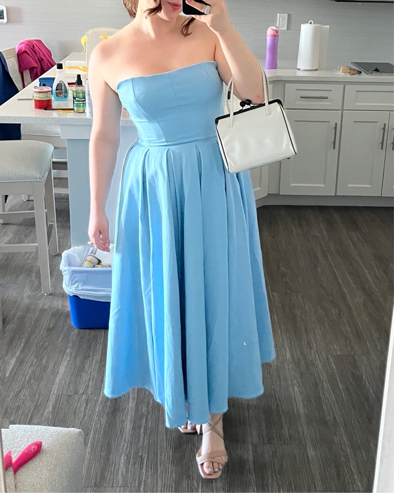house of cb blue strapless dress Clothing: Midi Dresses: 'Bellina' Midnight Blue Strapless Bow Midi Dress