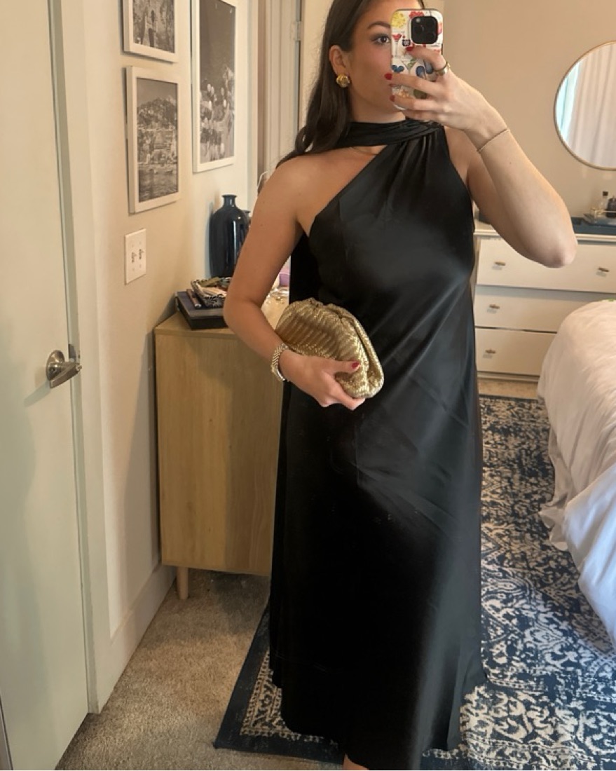 black satin dress with scarf Women's Black Satin One Shoulder Scarf Neck Maxi Dress | Ellen main image 0