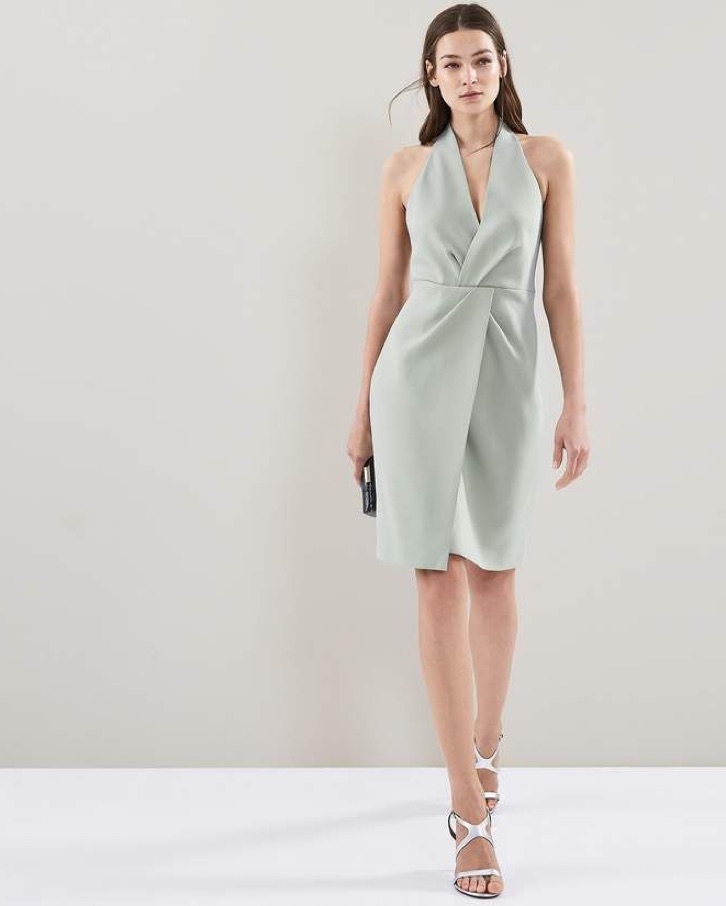 slim fit dress slacks REISS Green Ginny Petite Ruched Jersey Midi Dress UK 6 main image 0