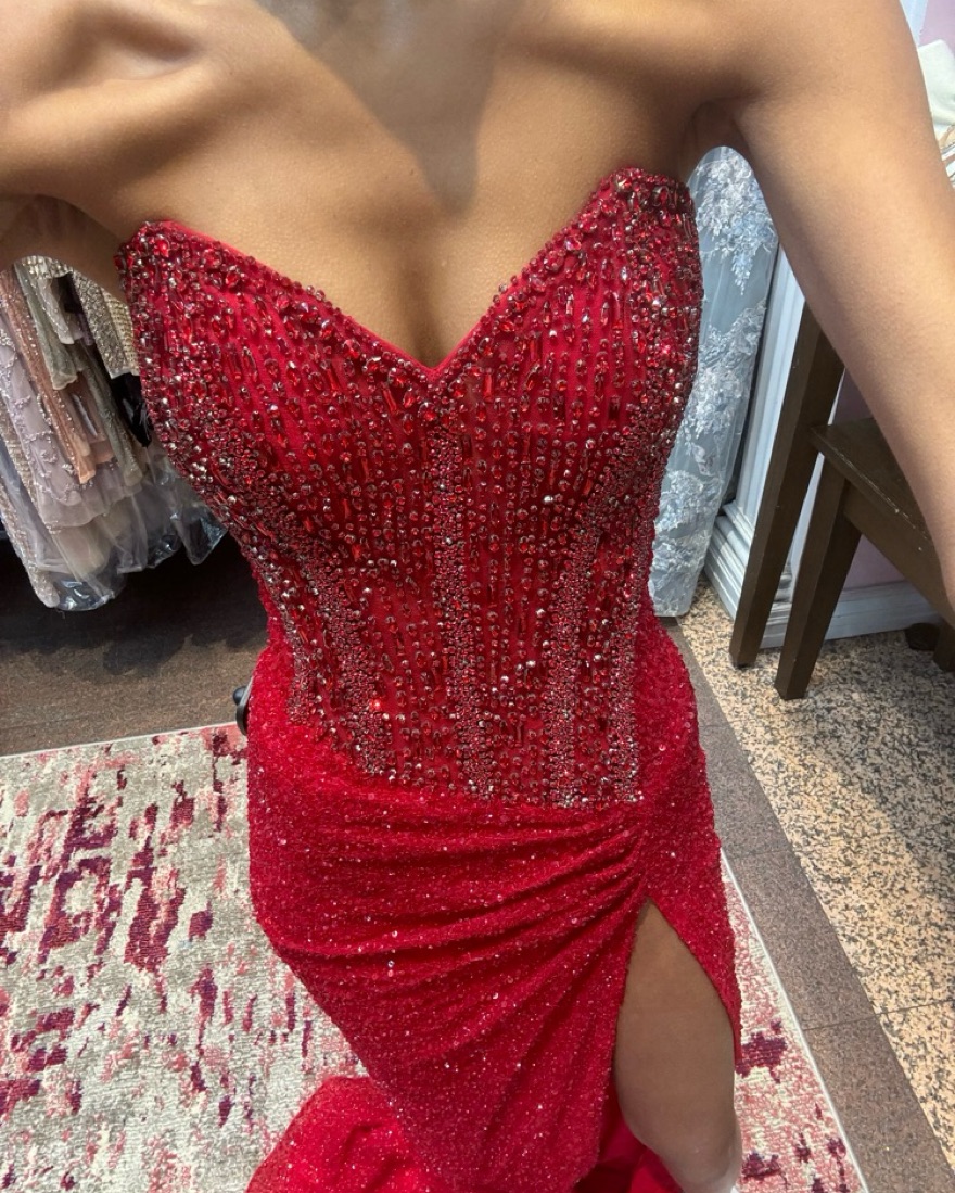 Glamorous Red Sequin Gown with Thigh High Slit by Portia & Scarlett - Pickle