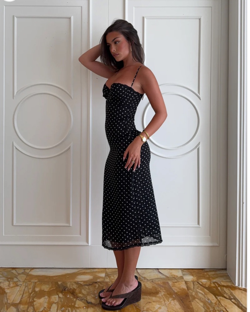 Black Polka Dot Bustier Midi Dress by Delanii The Label - Pickle