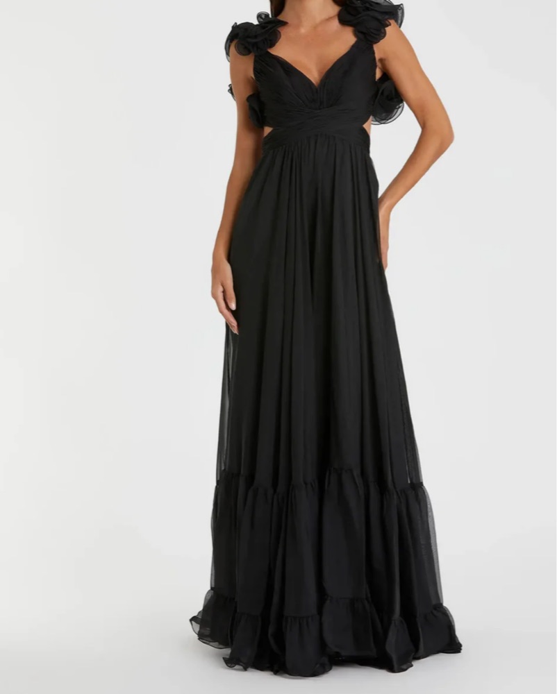 【MAC DUGGAL】関税込★ワンショルブラックドレス Mac Duggal Black One-Shoulder Long Sleeve Side Slit Jersey