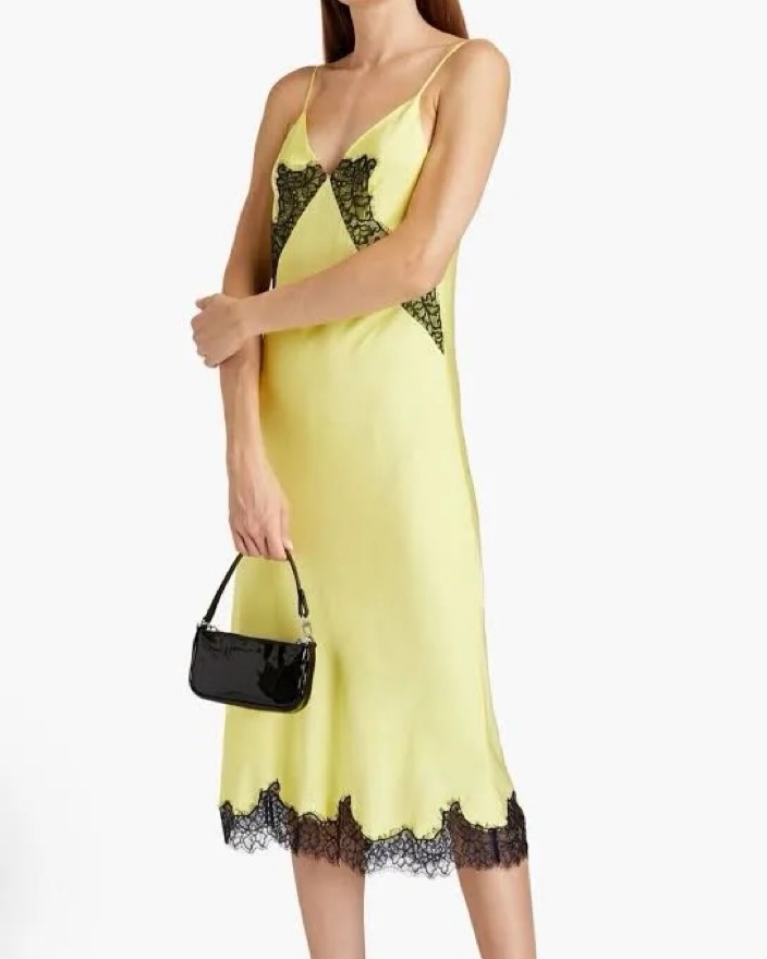 yellow dress with black lace overlay $6490 New Oscar de la Renta Saffron Yellow Black Silk dress lace appliqu  10 14