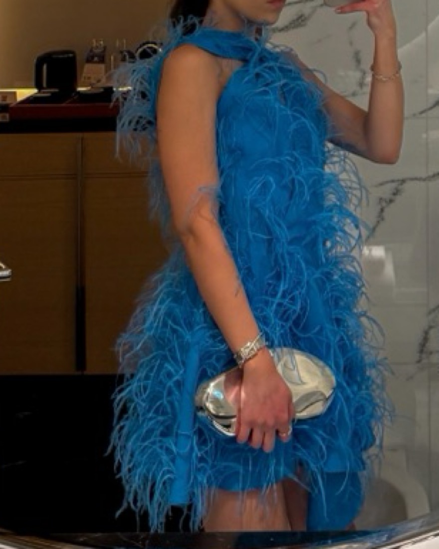 cult gaia blue feather dress Light Blue Evening Dresses with Feathers Cape Luxury Formal Party Dress for Women Wedding Sky Blue / 10