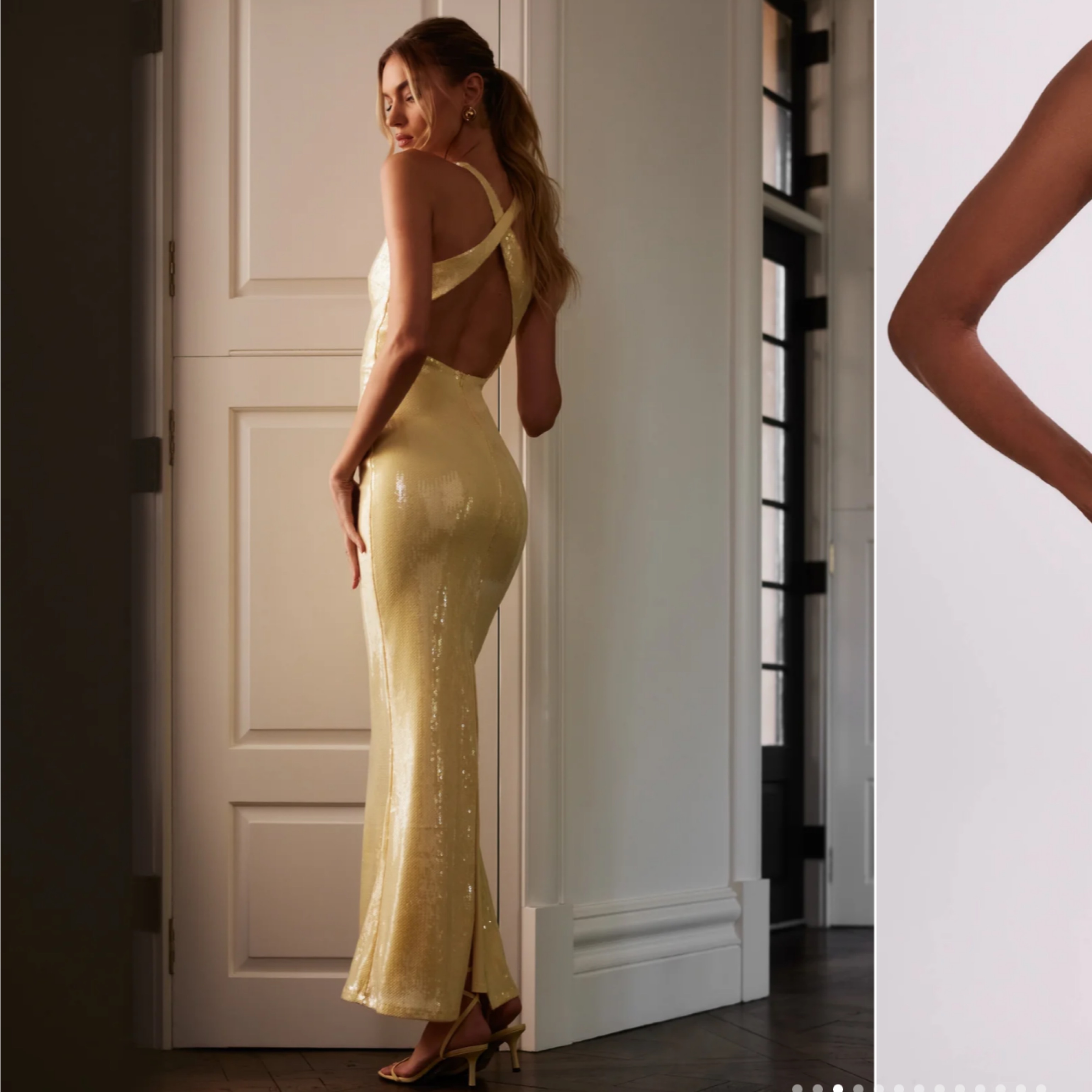meshki gold shimmer dress Adoria Sequin Cut Out Maxi Dress - Gold