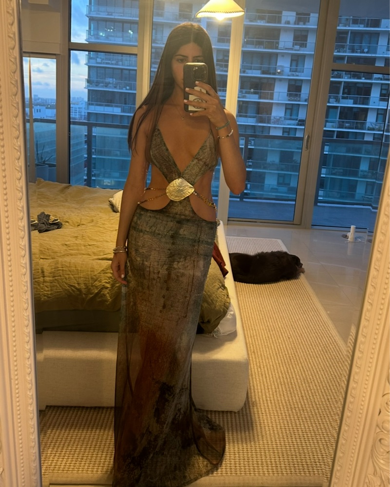 vida backless maxi dress with shell trim in marine Jaded London Ocean Print Vida Shell-Trim Backless Stretch-Woven Maxi Dress