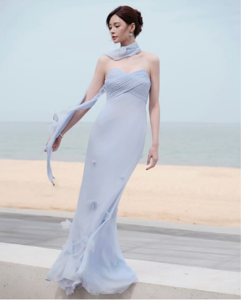 blue georgette dress Long Sequin V-Neck Evening Gown with Open Back