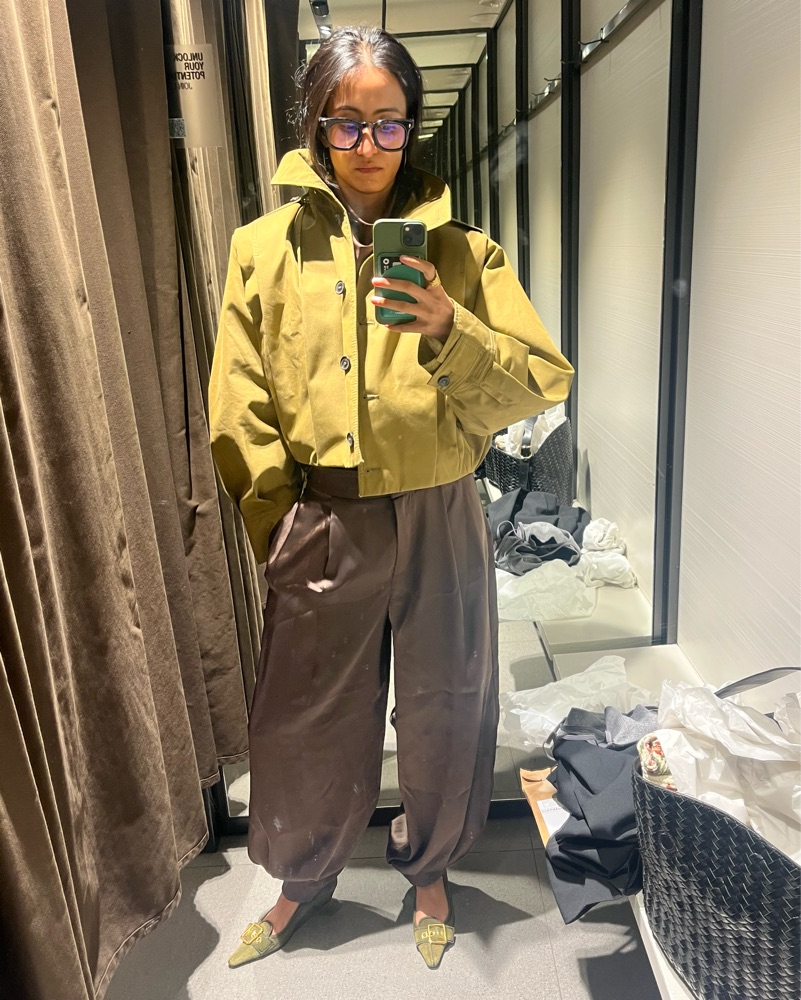 Zara Cropped Pleated Olive Green Jacket by Zara - Pickle