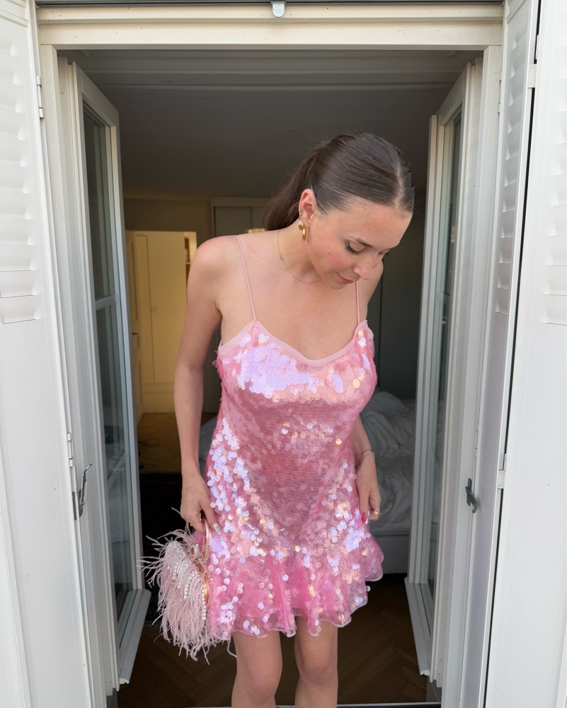 loveshackfancy pink sequin dress LoveShackFancy Albina Pailette Sequin Ruffle-Hem Mini Dress