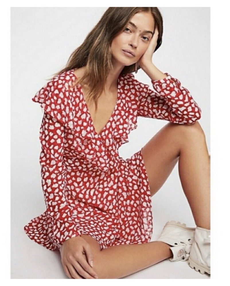 free people red polka dot dress FREE PEOPLE Morning Light Poppy Polka Dot Black Red Mini Satin Dress size 6