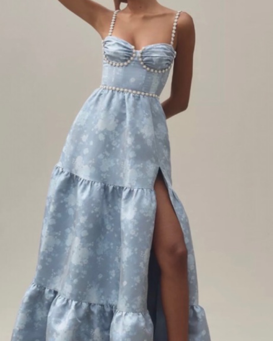 the lucetta dress in denim blue windsor The Lucetta Dress in Icelandic Blue Baroque Floral 18 / Icelandic Blue Baroque