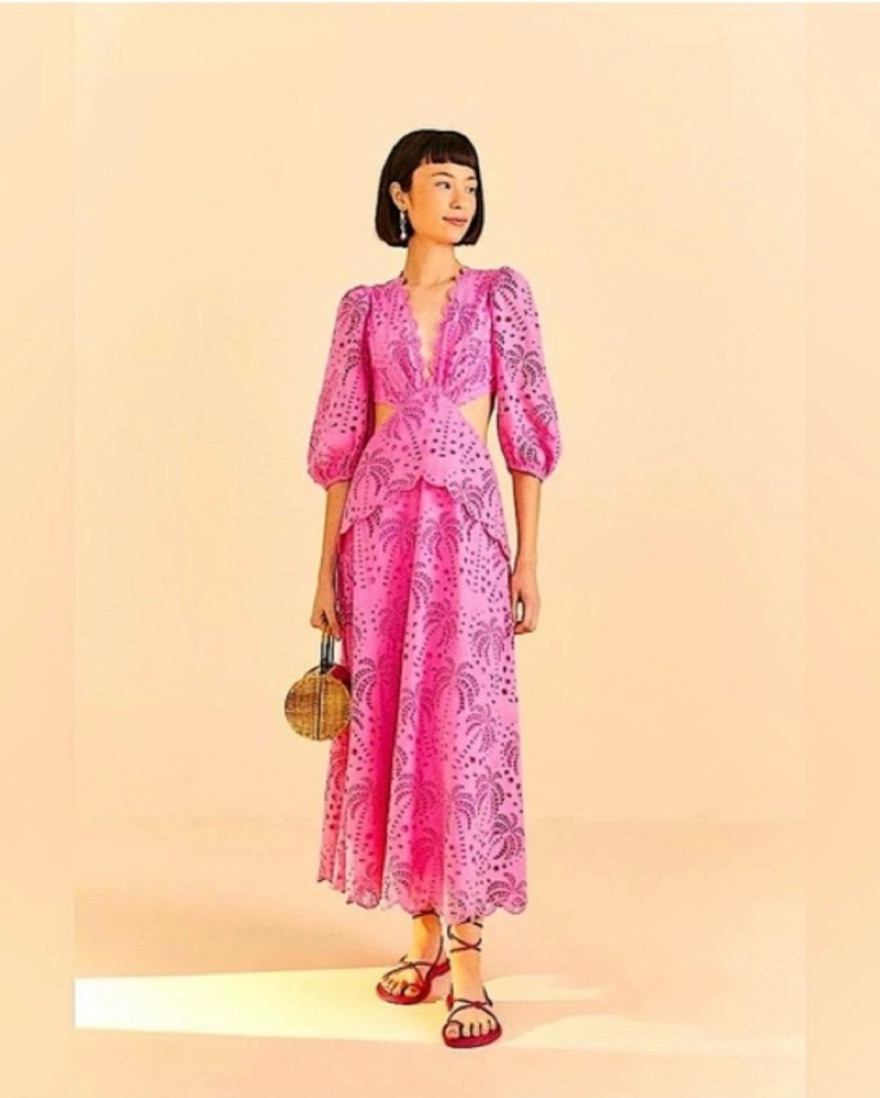 farm rio pink triangle wrap dress Farm Rio Scalloped Palm Eyelet Dress by Farm Rio