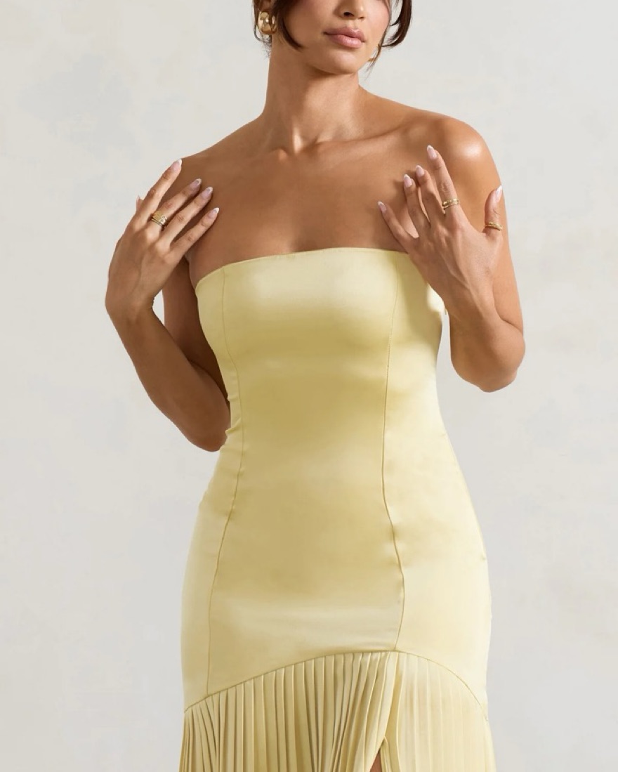 pleated satin bandeau maxi dress Women's Light Blue Pleated Satin Bandeau Maxi Dress