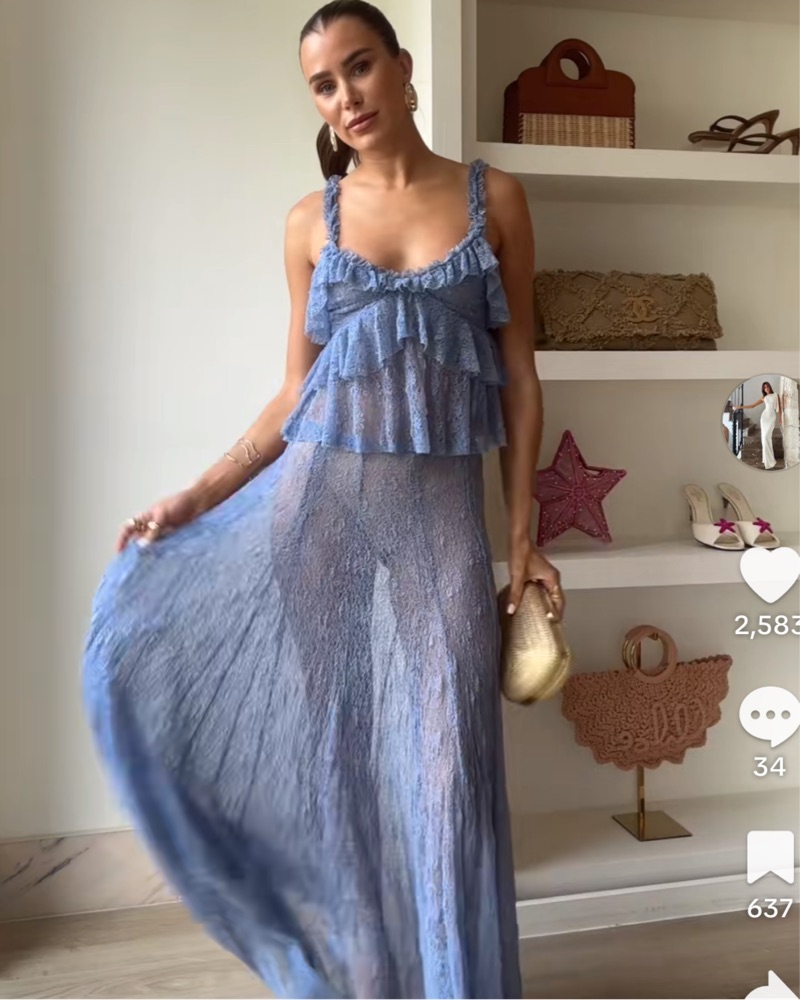 zara blue lace dress Long Sleeve Blue Midi Wedding Guest Dress with Ruffles– PromGirl main image 1