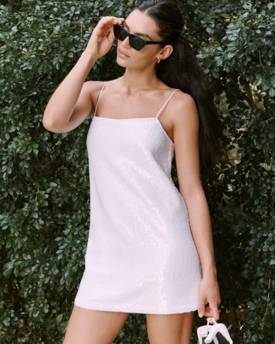 knee length dresses for ladies Marbella Sequin Embellished Scoop Neck Ruffle Hem Mini Dress White Xs main image 1