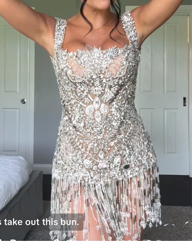albina dyla bella silver beaded dress Albina Dyla Short One Sleeve Silver Beaded Dress Size S
