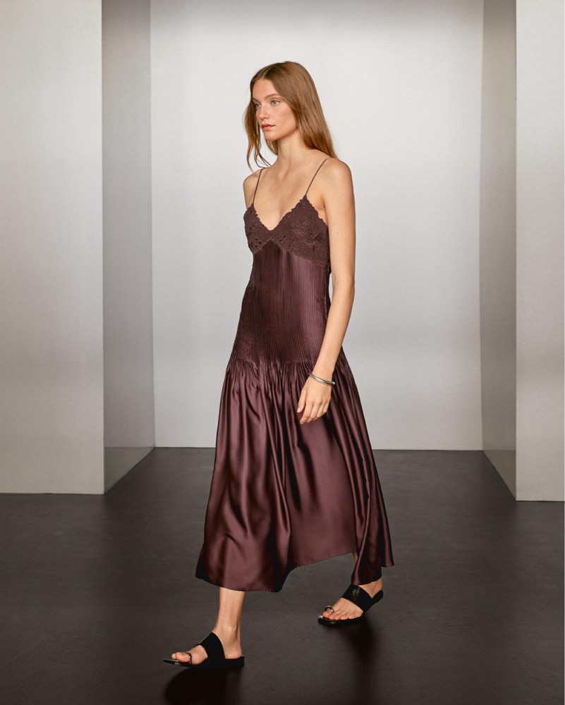 massimo dutti brown dress Flowing midi dress with gathered detail  Brown  Dress