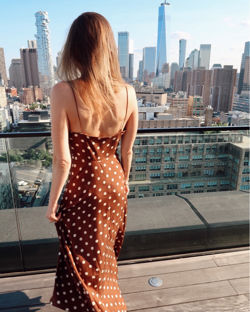 doen brown polka dot dress DEN Rosaria gathered polka-dot silk-blend midi dress