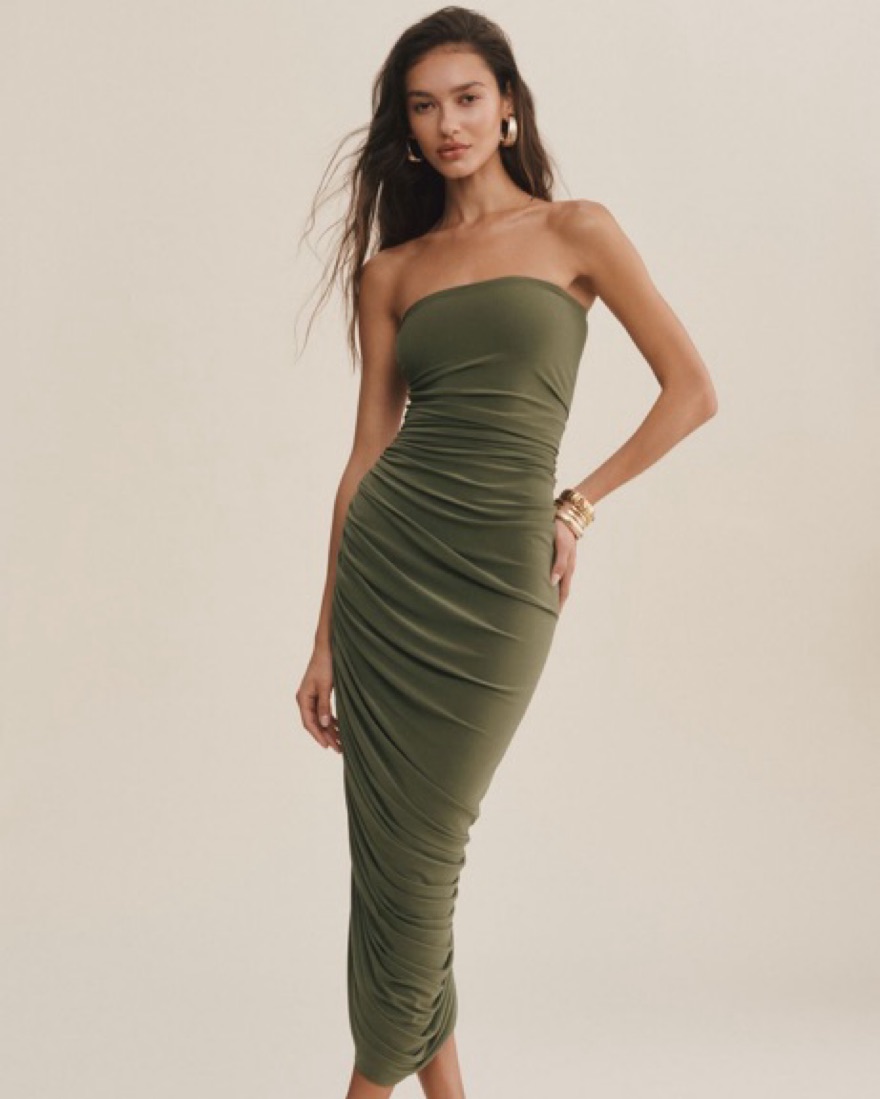 norma kamali diana strapless ruched midi dress Norma Kamali Diana Strapless Ruched Midi by Norma Kamali