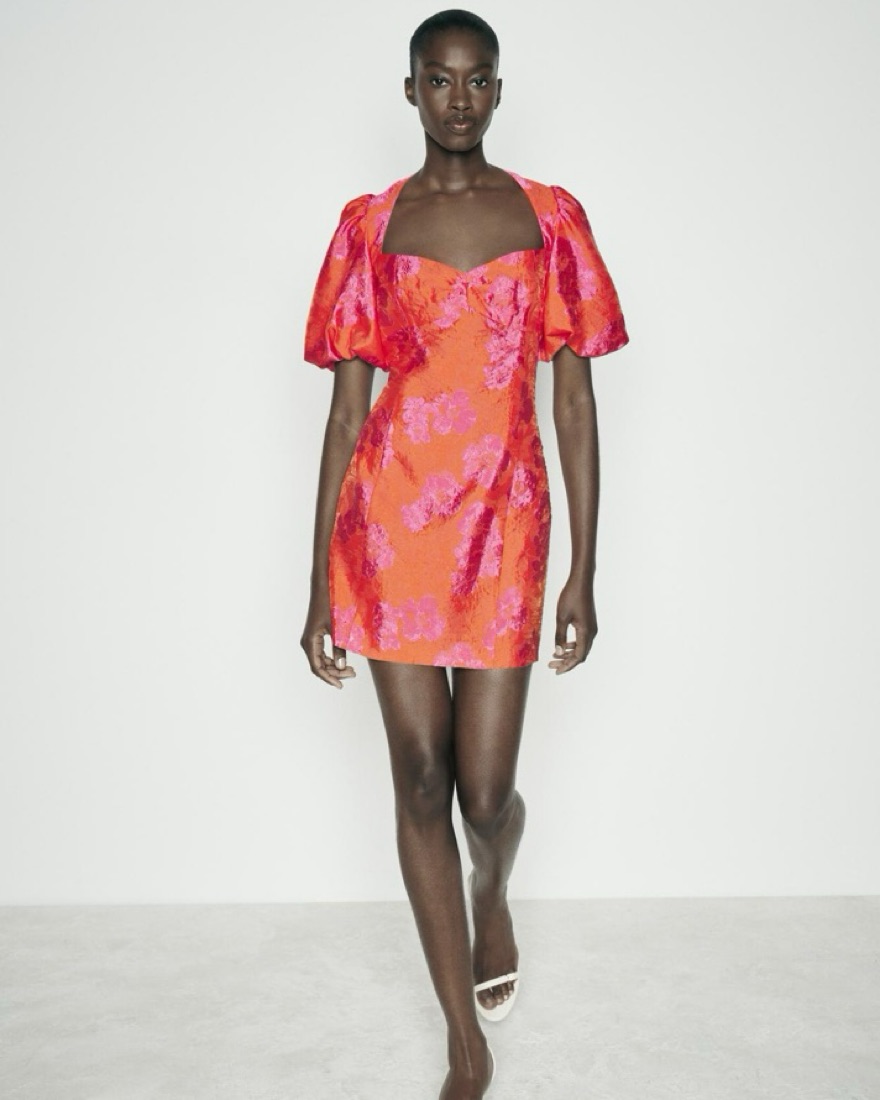 Puff Sleeve Jacquard Mini Dress by Zara - Pickle