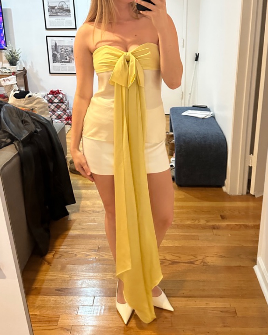 revolve gold bow dress Premium Sequin Bottom Gold Bow Front Midi Dress – Kirsty's Kloset main image 1
