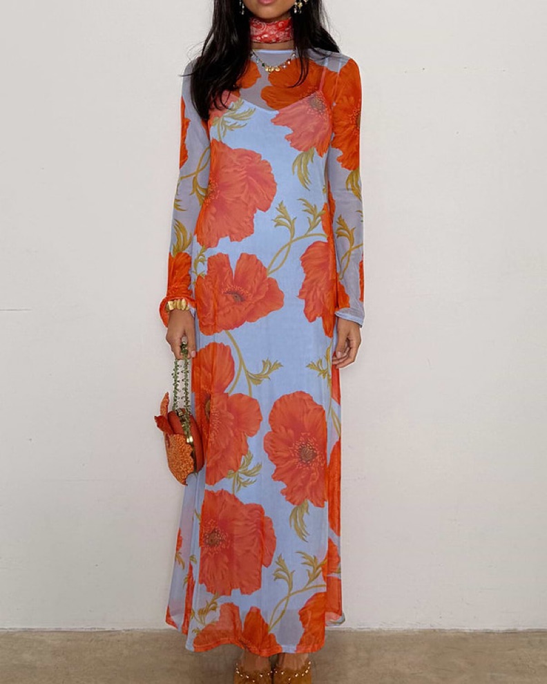 blue and red poppy dress Shop Aston Blue Red Poppy Satin Bias Flared Maxi Dress main image 0