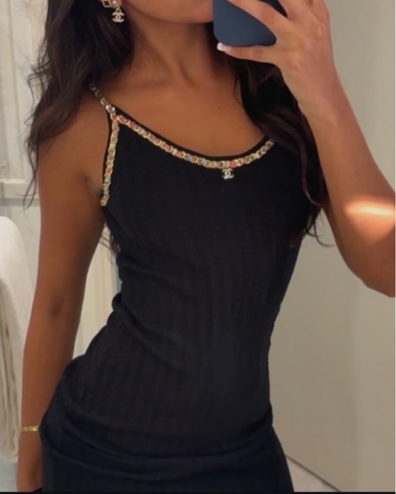 what color lipstick to wear with black dress Chanel Black Wool Tweed Sleeveless Mini Dress