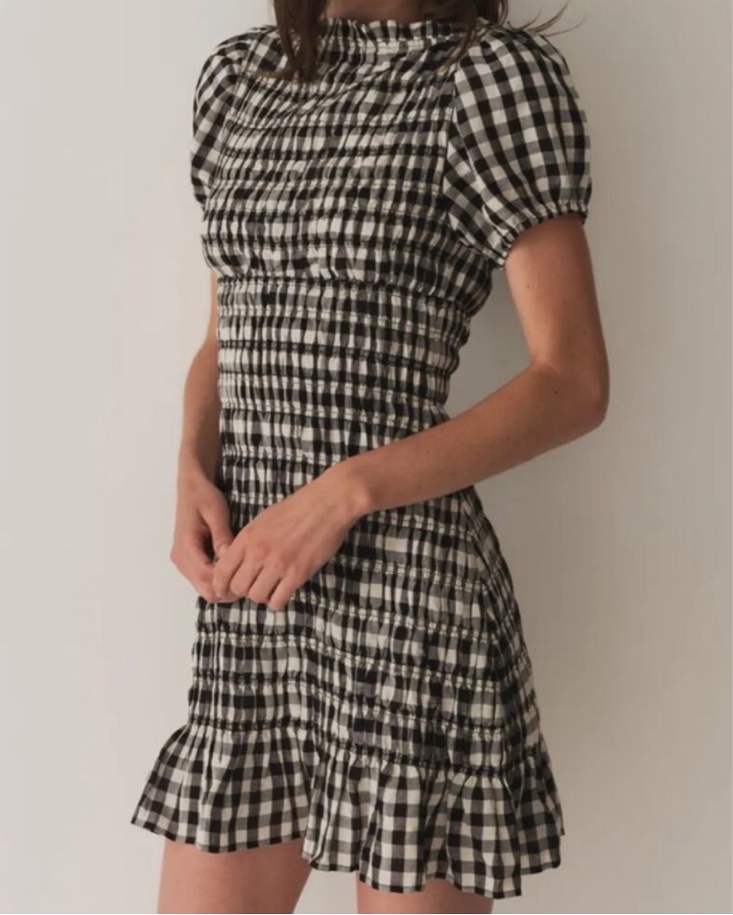 den rizzo shirred gingham voile mini dress Doen Rizzo Smocked Gingham Mini Dress by Doen