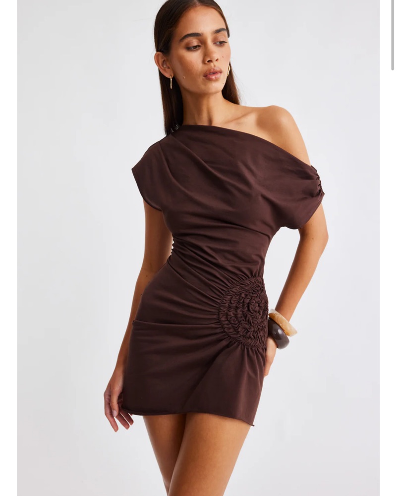 sndys brown mini dress Mac Duggal Ieena High Neck Pleated Metallic Gown