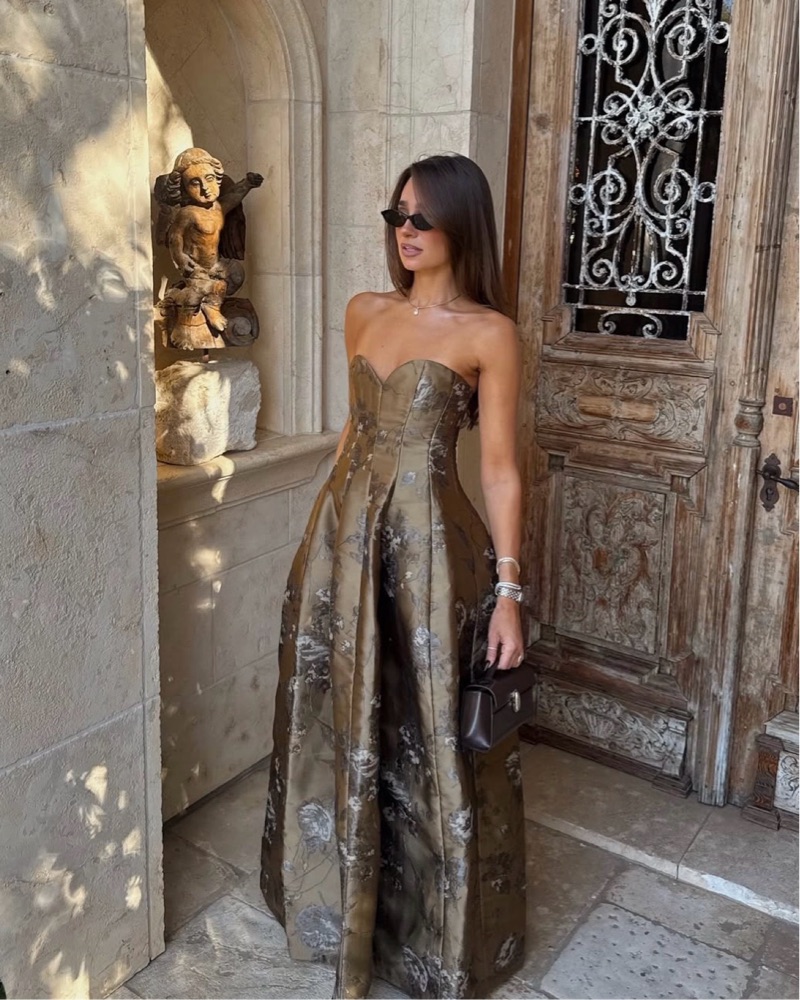 simkhai dress brown Balenciaga Josephus Thimister Runway Silk Polka Dot Evening Dress, 199 –  Basha Gold main image 1