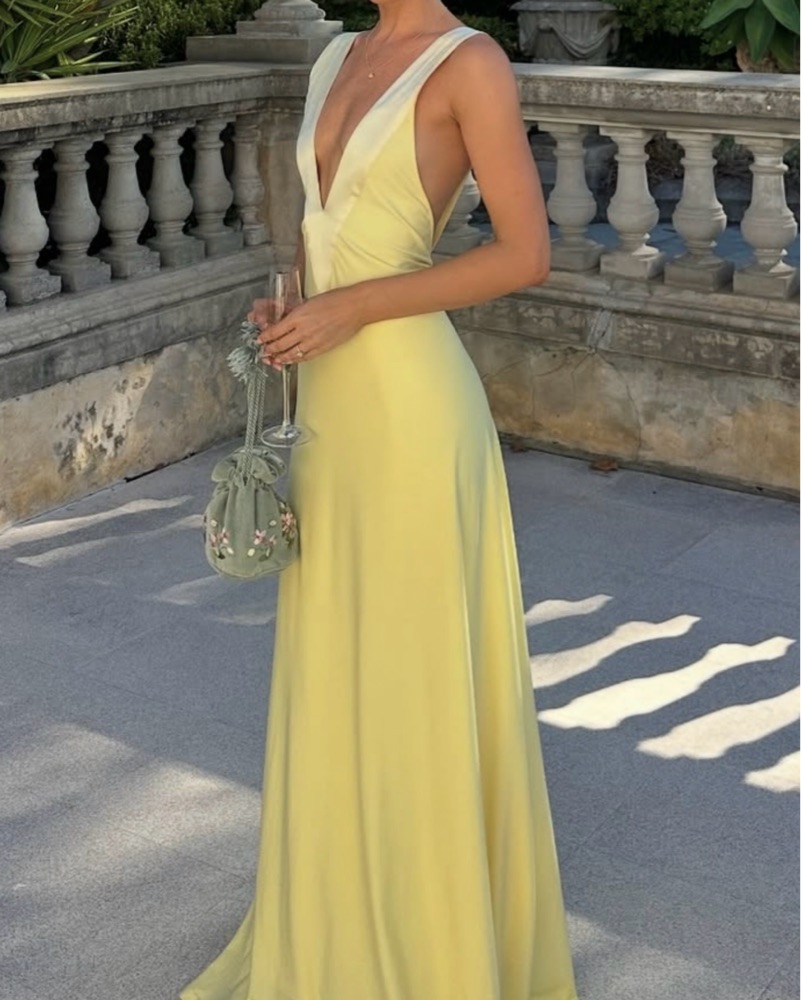 yellow maxi dress formal Butter Chiffon Maxi length Fully lined Gathered bust panel with off shoulder straps Lace up back Bias cut skirt Low cowl back Pull on style Perfect for formal Embellished Maxi Dress Yellow