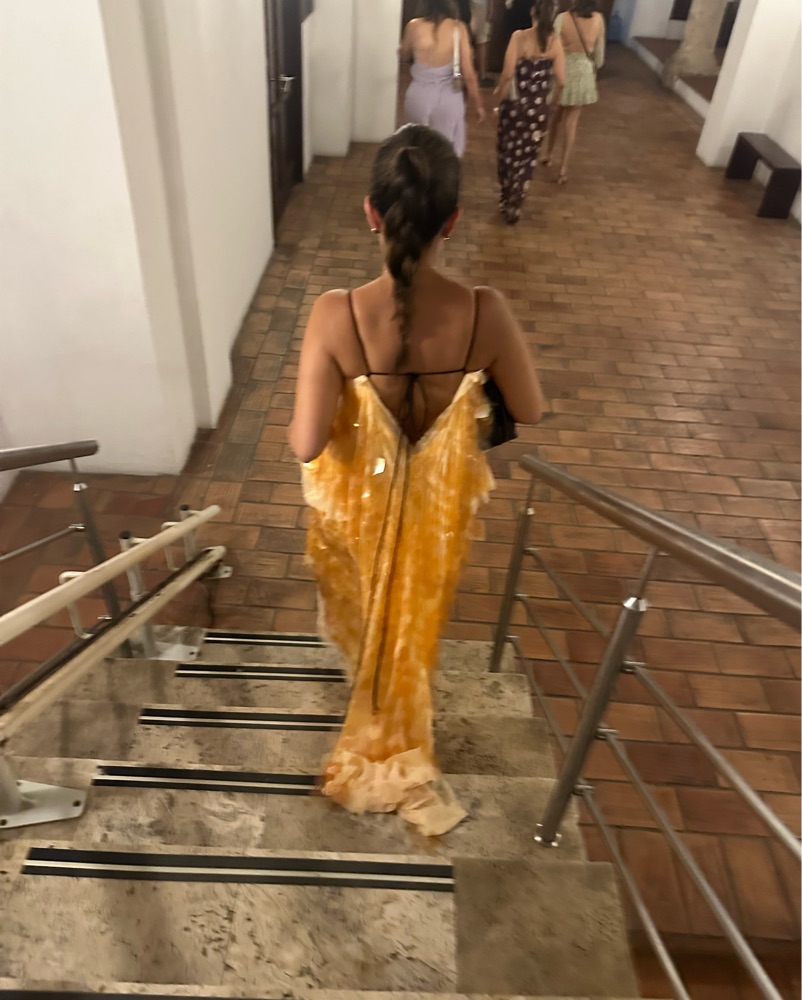 peach and gold maxi dress PR12262 Princesa Quince Dress with Cape main image 1