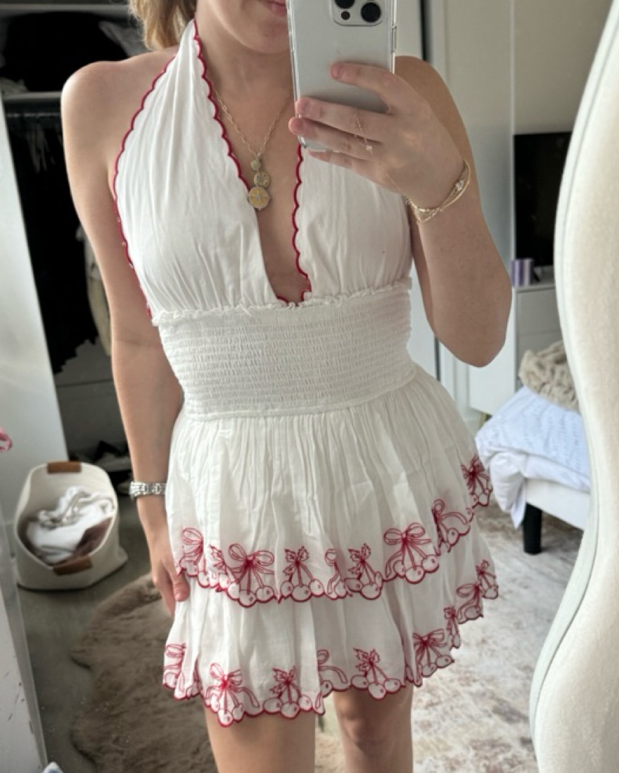 dormina cherry embroidered cotton mini dress Loveshackfancy Dormina Cherry Mini Dress by LoveShackFancy