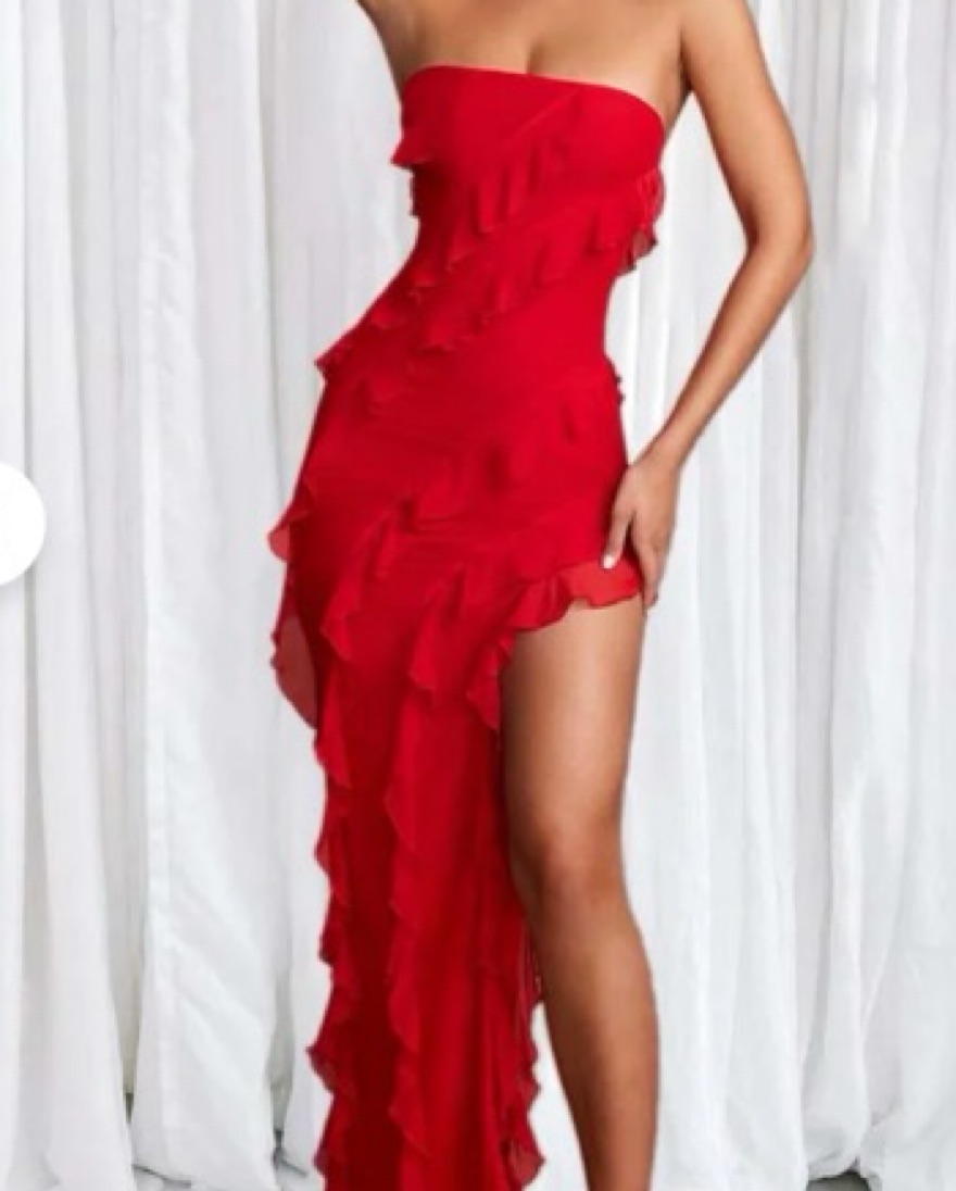 oh polly red ruffle dress Ruffle-Trim Pointelle-Knit Mini Dress in Scarlet Red - XXS